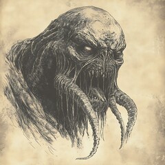 Grotesque Monster With Spiked Tentacles and Glowing Eyes on Aged Paper Sketch Drawing