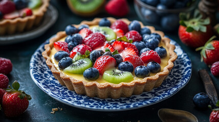 Mixed Berry Fruit Tart with Kiwi and Custard