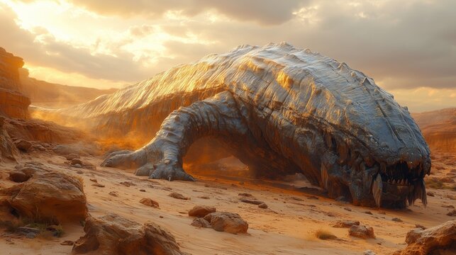A massive sandworm emerging from the desert sands with a rugged rocky texture under a dramatic sunset sky