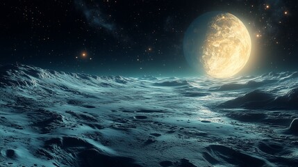 A serene moon landscape with a large glowing moon rising over a rugged icy surface under a star-filled sky