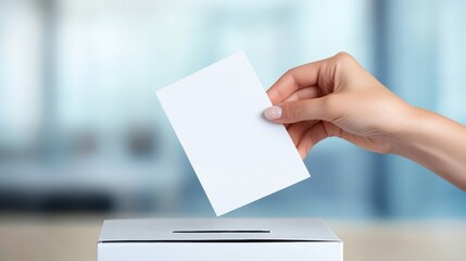 A hand is seen inserting a blank ballot into a voting box located in a contemporary office setting. The atmosphere suggests an important civic activity is taking place