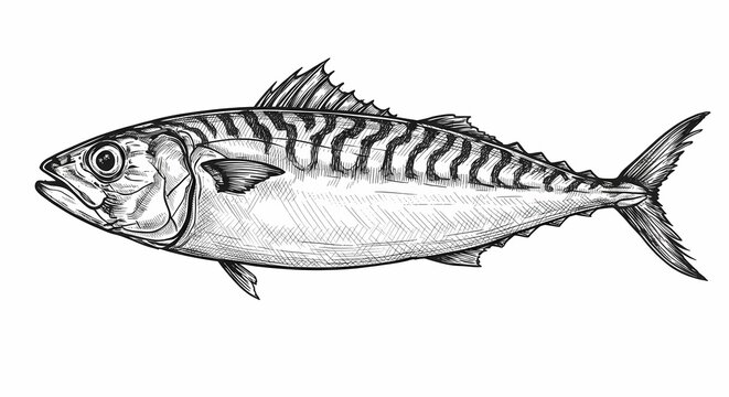Detailed Black and White Mackerel Fish Illustration: Intricate Line Work, Realistic Texture, Scratch Board Style, Isolated on White