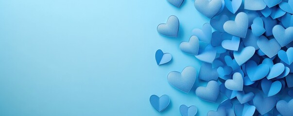 Cluster of paper blue hearts on soft gradient background with copy space