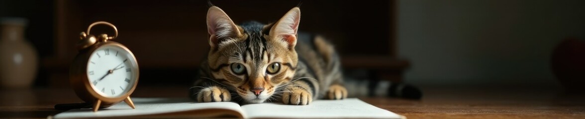 Povero gatto conpiede sulla scrivania davanti ad un orologio, attesa, studio, animale domestico