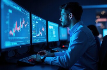 Young caucasian male analyzing financial data on multiple screens in a dark room