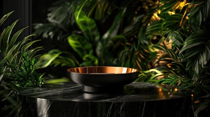 Elegant Black And Gold Decorative Bowl Surrounded By Lush Green Plants On A Dark Table