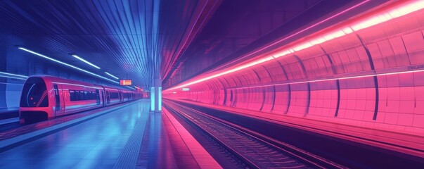 Fototapeta premium Modern subway station with neon lighting and speeding train in motion