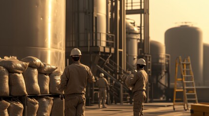 Fototapeta premium Workers in protective gear are handling bulk materials at an industrial site during golden hour. The warm light enhances the atmosphere of the busy environment