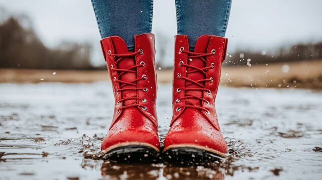 Person wearing stylish red boots, standing confidently in a puddle with reflections and urban background