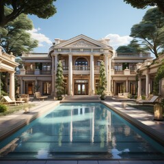 Obraz premium Luxurious Mansion with Pool and Columns Outdoor Spaces Under Blue Sky Summer Day