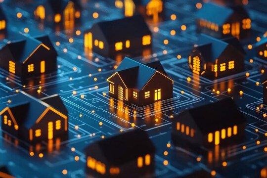 Blockchain in real estate, represented by interconnected properties and smart contracts glowing in a futuristic interface