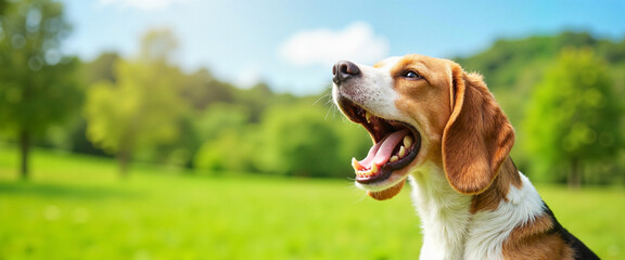 Beagle howling joyfully in lush green park, National Pet Day celebration