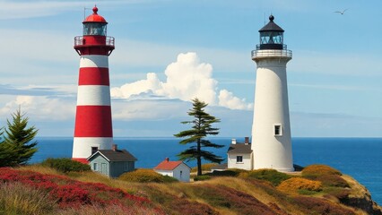 a picturesque seaside view with two lighthouses, one adorned with red and white stripes and the other in plain white, accompanied by a small house