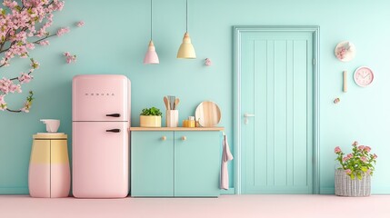 Charming Pastel Kitchen with Pink Refrigerator and Floral Accents
