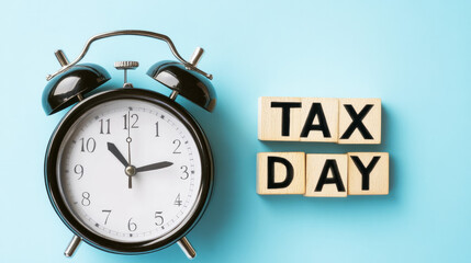 Tax Day, April 15th, 2025, Alarm with the wooden cubes with the text Tax Day