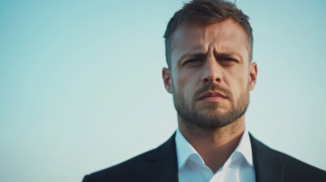 A man dressed in a formal black suit with a white shirt stands confidently against a bright blue sky. His serious expression reflects focus and determination during daylight hours