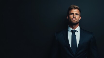 A man stands confidently in a tailored suit and tie against a dark backdrop. His expression conveys determination, showcasing a strong, professional presence in a stylish environment