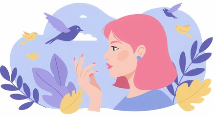 Young caucasian female with pink hair surrounded by birds and leaves in a dreamy scene