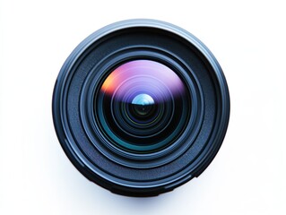 Close-up View of a Professional Video Camera Lens with Sharp Focus, Studio Lighting on White Background, High-Resolution Image