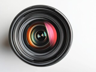 Close-up View of a Professional Video Camera Lens with Sharp Focus, Studio Lighting on White Background, High-Resolution Image