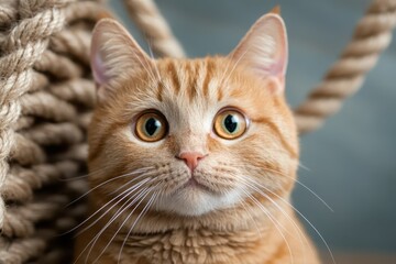 A ginger cat with large, expressive eyes looks curiously at the viewer while sitting next to a thick, textured rope. The warm tones create a cozy atmosphere