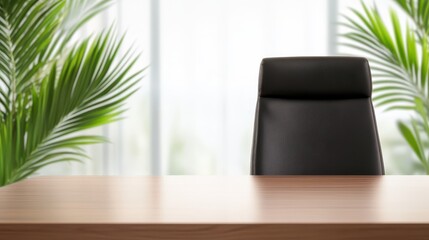 A sleek black chair is positioned at a polished wooden desk. Bright indoor plants frame the scene, enhancing the modern ambiance near a large window letting in natural light