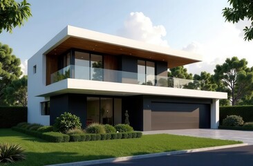 Fototapeta premium Modern two-story house with large glass windows and lush green surroundings