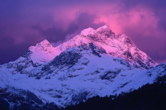 A snow-covered mountain range at dusk