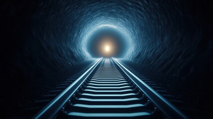 Railway tracks extend into a dark tunnel, ending at a bright light. The contrast between light and darkness creates a sense of mystery and anticipation