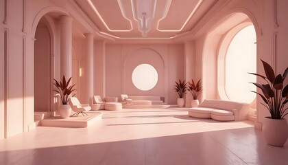 Modern minimalist interior design with light colors, round windows, and stylish furniture arrangement