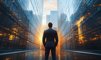 Obraz premium Back of businessman in suit with business office glass modern buildings background for financial freedom portfolio or company profit and strategy growth IPO poster,