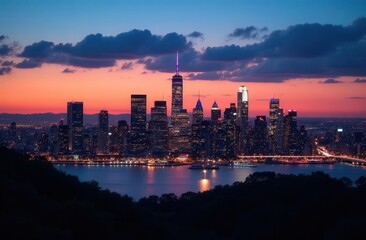 Fototapeta premium New york city skyline at dusk with vibrant sunset and illuminated skyscrapers