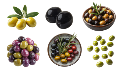 Set of different types of olives isolated on transparent background. Green olives, black olives, olives floating in the air, group, plate, bowl. Presentation or resource. Cutout. PNG