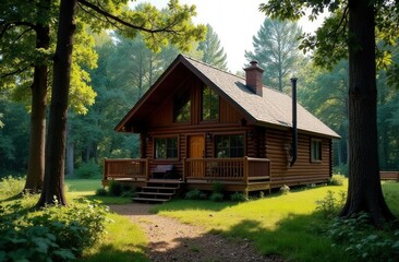 Cozy log cabin in lush forest setting at sunrise