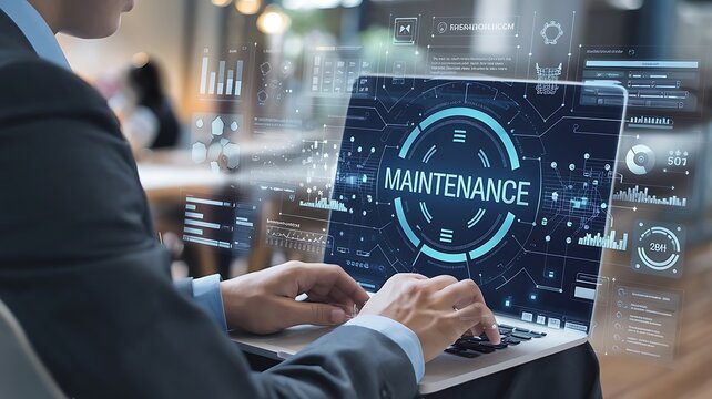 Corporate executive uses laptop for global maintenance. Futuristic tech concept shows proactive system support, digital repair services. Global maintenance concept with digital repair system