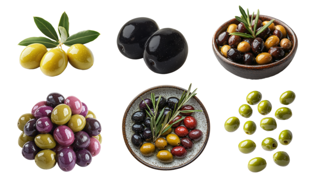 Set of different types of olives isolated on transparent background. Green olives, black olives, olives floating in the air, group, plate, bowl. Presentation or resource. Cutout. PNG