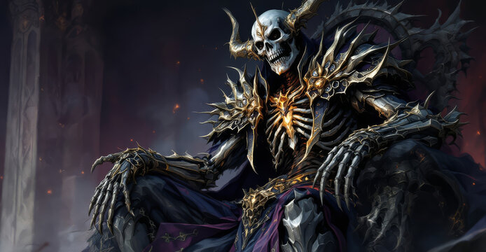 Skeletal lich king sits regally upon a throne of darkness