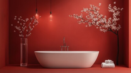 Elegant Modern Bathroom with Red Walls and White Tub Surrounded by Blossoming Trees