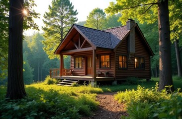 Rustic wood cabin in forest at sunset surrounded by lush greenery
