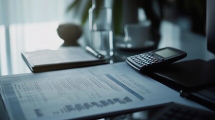 Professional Workspace: Business Documents, Calculator and Office Supplies