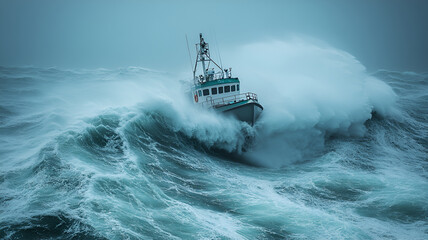 small fishing boat battles fierce ocean storm, waves crashing violently