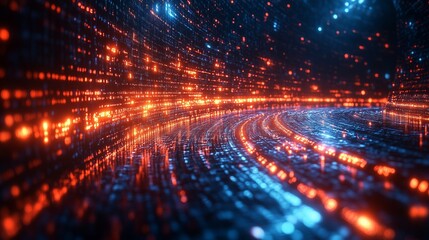 A digital tunnel formed by streams of data and light, representing the flow of information in a futuristic and technological context