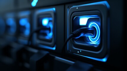 A close-up view of illuminated power connectors with blue lights, showcasing modern technology and electrical interfaces.