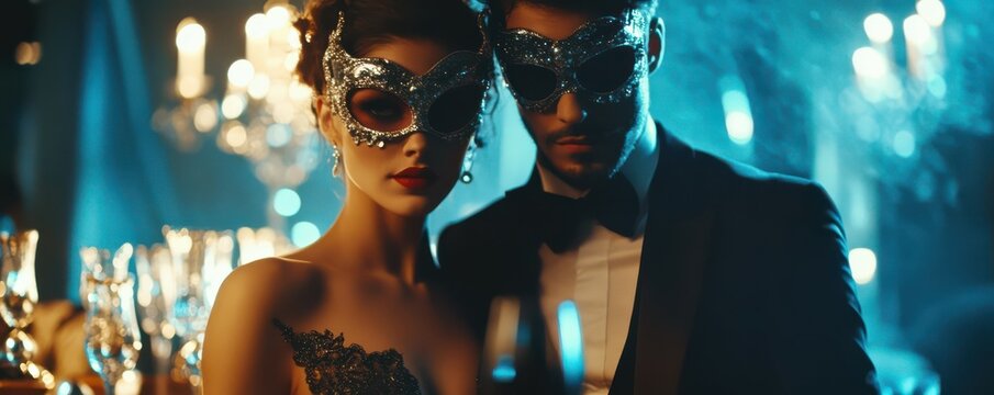 Elegant masquerade ball with young caucasian couple in intricate masks and formal attire