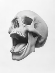 The artwork showcases a human skull in profile, with an open mouth that appears to express laughter. The intricate details highlight the teeth and jaw structure, emphasizing the realism of the piece