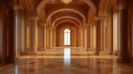 Majestic sunlit hallway with arched architecture and ornate columns