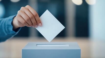 A hand is placing a blank ballot into a voting box at a modern polling station. The setting is bright and contemporary, embodying civic engagement during election season