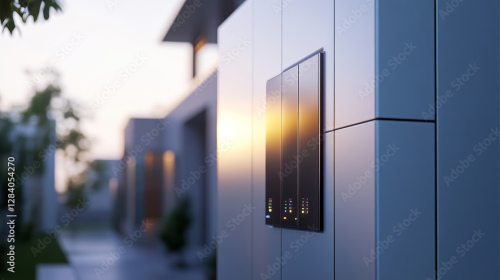Poster a modern building facade with a sleek intercom or panel reflecting sunset light, surrounded by green