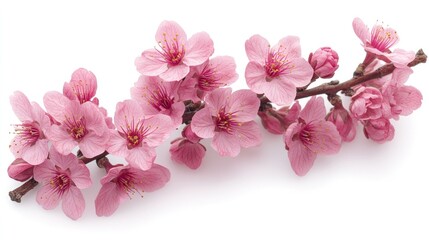 Pink cherry blossoms branch, spring bloom, white background, floral design
