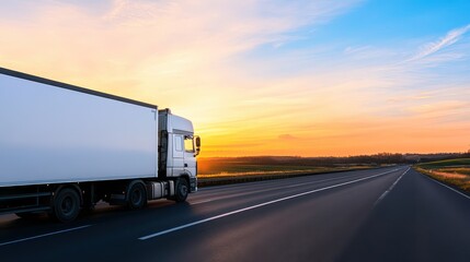 A large truck drives along an empty highway during sunset. The sky is painted with warm hues while the surrounding fields remain calm and serene